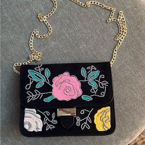 Topshop Embroidered Black Shoulder Bag
